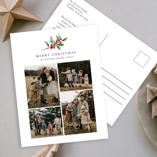 Eenvoudige Kerst Waterverf Bloemen Foto Collage Feestdagenkaart