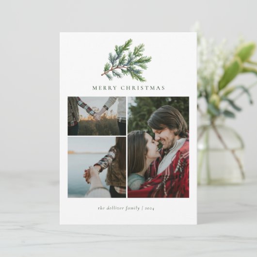 Eenvoudige Kerst Waterverf Bloemen Foto Collage Feestdagenkaart (Staand voorkant)