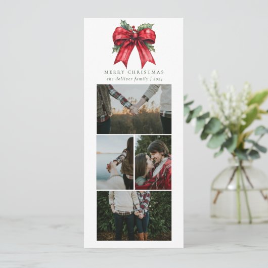 Eenvoudige Kerst Waterverf Ribbon Fotocollage Feestdagenkaart (Staand voorkant)