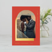 Eenvoudige kerstboog | Modern Two Photo Red Folie Feestdagenkaart (Staand Voorkant)