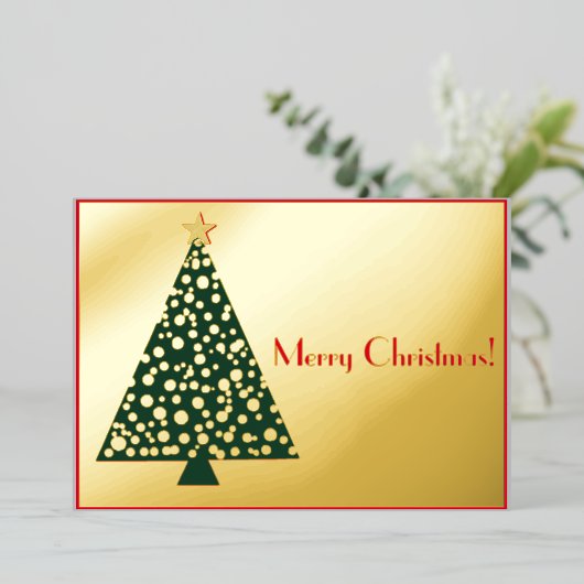 Eenvoudige kerstboom goud en rood folie uitnodiging (Staand Voorkant)