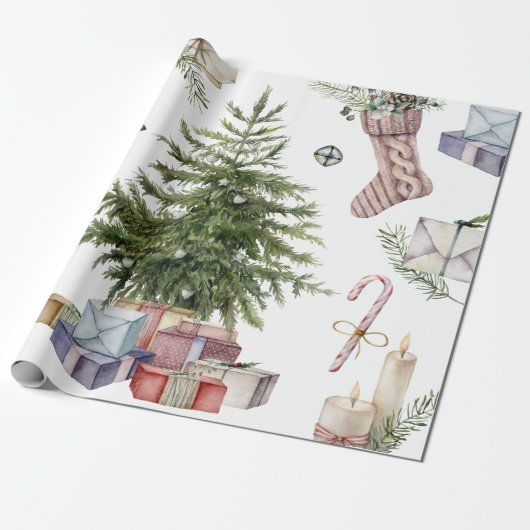 Eenvoudige kerstboom met  cadeautjes cadeaupapier (Uitgerold)