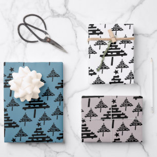 Eenvoudige kerstboompatroonblauwbeige feestdag inpakpapier vel