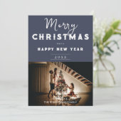 Eenvoudige kerstfoto | Blauw Feestdagenkaart (Staand voorkant)