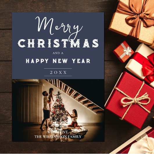 Eenvoudige kerstfoto | Blauw Feestdagenkaart