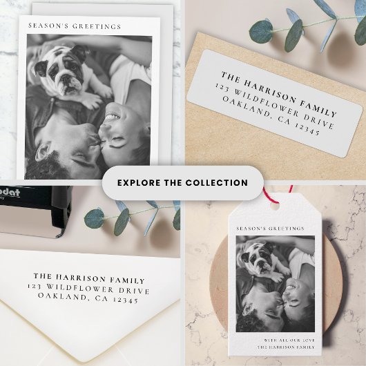 Eenvoudige kerstfoto met zwarte en witte minimalis cadeaulabel