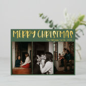 Eenvoudige kerstgroene drie foto | Goud Folie Feestdagenkaart (Staand Voorkant)