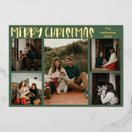 Eenvoudige kerstgroene vijf foto Gold Folie Feestdagenkaart