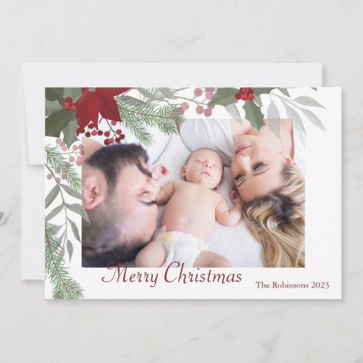Eenvoudige Kerstmis Holly Botanische groen Foto Feestdagenkaart (Voorkant)