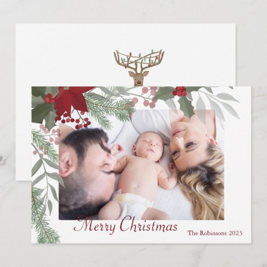 Eenvoudige Kerstmis Holly Botanische groen Foto Feestdagenkaart (Voorkant / Achterkant)