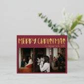 Eenvoudige kerstrode drie foto | Goud Folie Feestdagen Briefkaart (Staand Voorkant)