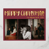 Eenvoudige kerstrode drie foto | Goud Folie Feestdagen Briefkaart (Voorkant)