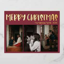 Eenvoudige kerstrode drie foto | Goud Folie Feestdagen Briefkaart