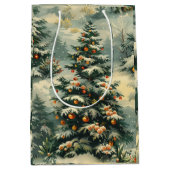 Eenvoudige kerstsneeuw afgedekte kerstboom medium cadeauzakje (Voorkant)