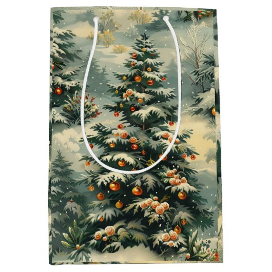 Eenvoudige kerstsneeuw afgedekte kerstboom medium cadeauzakje (Voorkant)