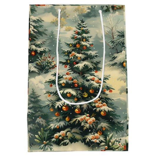 Eenvoudige kerstsneeuw afgedekte kerstboom medium cadeauzakje (Achterkant)