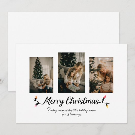 Eenvoudige kerstverlichting met 3 foto's feestdagenkaart (Voorkant / Achterkant)