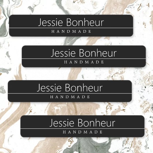 Eenvoudige klasklare witte tekst op zwart labels