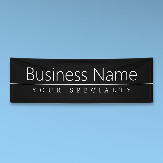 Eenvoudige klasklare witte tekst op zwart spandoek