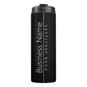 Eenvoudige klasklare witte tekst op zwart thermosbeker (Voorkant)