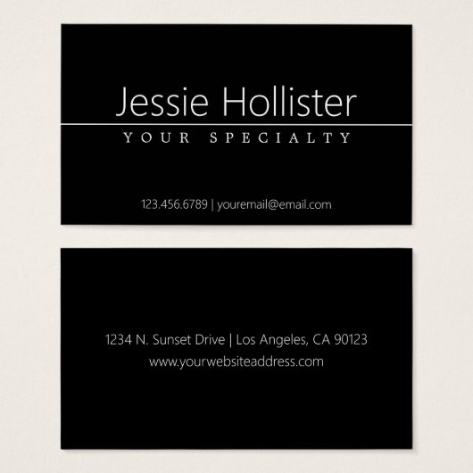 Eenvoudige klasklare witte tekst op zwart visitekaartje (Voorkant /achterkant)