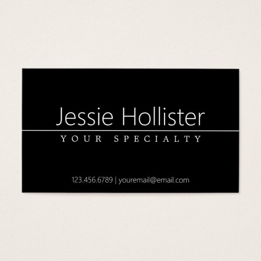 Eenvoudige klasklare witte tekst op zwart visitekaartje (Voorkant)