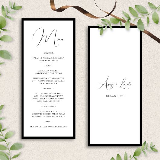 Eenvoudige Klasse Zwarte & Witte Rand Script Trouw Menu
