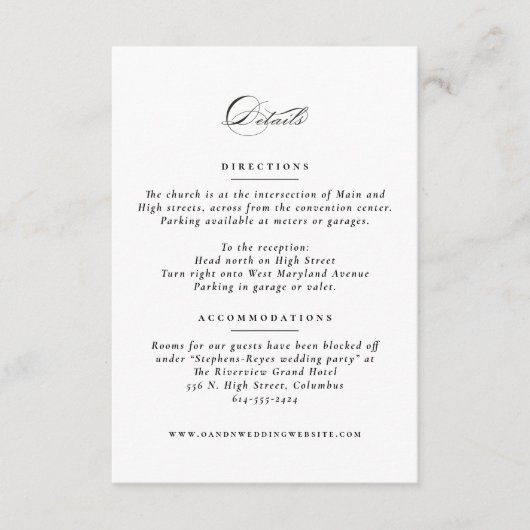 Eenvoudige klassieke elegante bruiloft details informatiekaartje (Voorkant)
