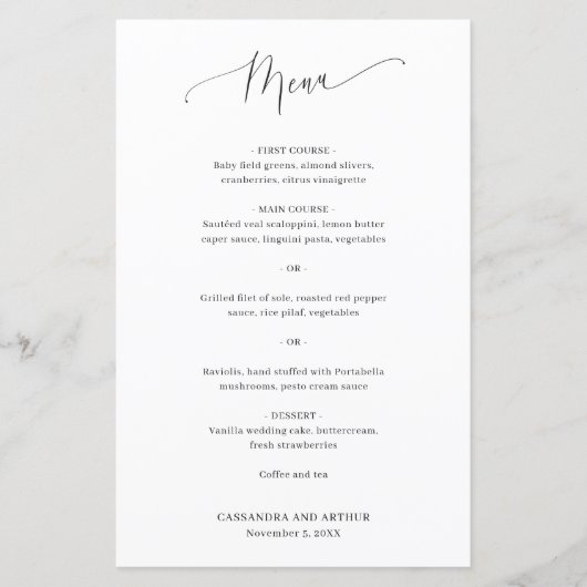 Eenvoudige Klassieke Elegante Trouwmenu (Voorkant)