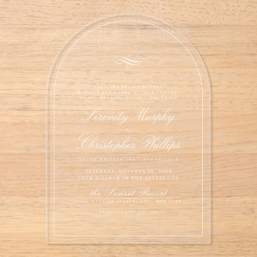 Eenvoudige klassieke elegantie script boog bruilof acryl uitnodigingen (Voorkant)