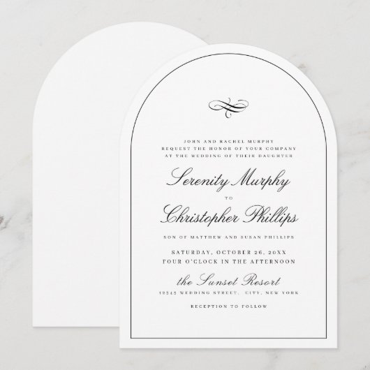 Eenvoudige klassieke elegantie script boog bruilof kaart (Voorkant / Achterkant)