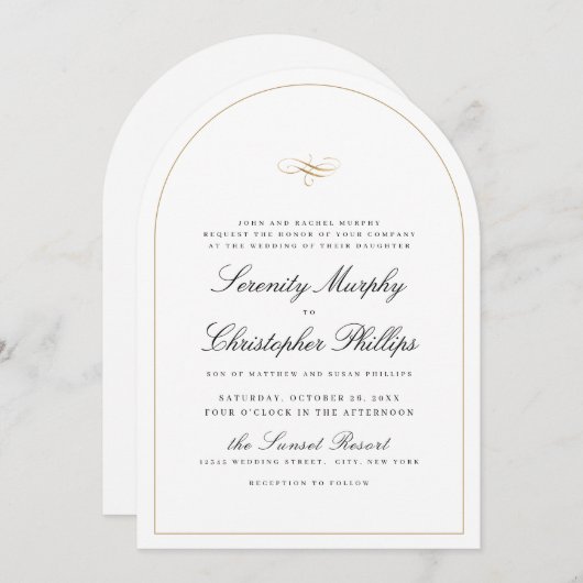 Eenvoudige klassieke elegantie script boog bruilof kaart (Voorkant / Achterkant)