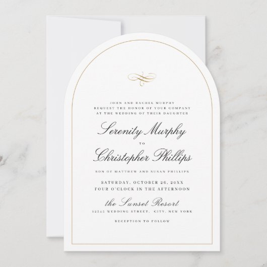 Eenvoudige klassieke elegantie script boog bruilof kaart (Voorkant)