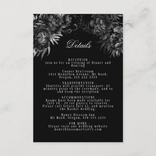 Eenvoudige klassieke gotische zwarte bruiloft deta informatiekaartje (Voorkant)