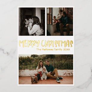 Eenvoudige Klassieke Kerst Drie Foto Goud Folie Feestdagenkaart
