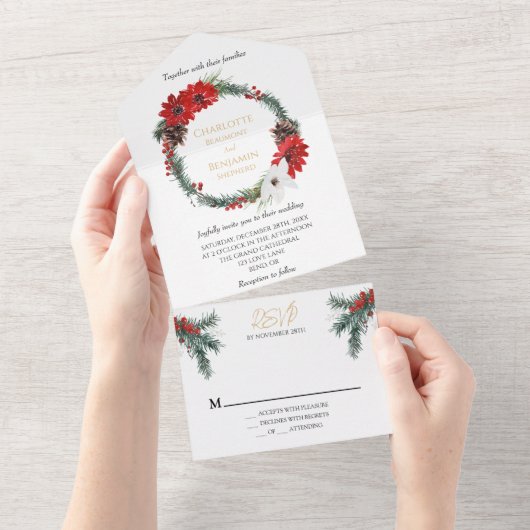 Eenvoudige klassieke kerst formele bruiloft all in one uitnodiging (Afscheurbaar)