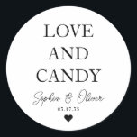 Eenvoudige klassieke liefde en SNOEP hart bruiloft Ronde Sticker<br><div class="desc">Een Classic Black Thank You Wedding-Sticker met "Love and Snoep" in een klassiek,  modern lettertype. U kunt het gemakkelijk personaliseren met uw namen en trouwdatum.</div>