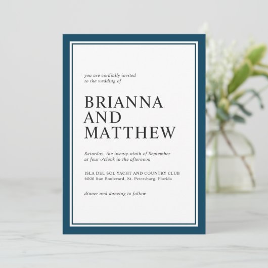 Eenvoudige klassieke marine en witte bruiloft kaart (Staand voorkant)
