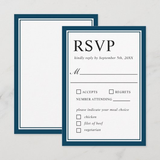 Eenvoudige klassieke marine en witte bruiloft RSVP (Voorkant / Achterkant)