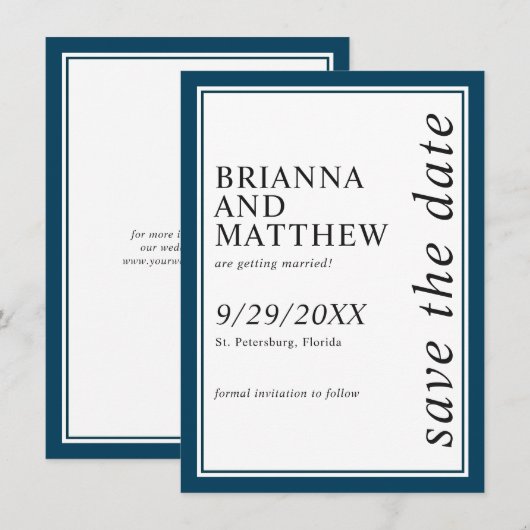 Eenvoudige Klassieke marineblauwe bruiloft bespaar Save The Date (Voorkant / Achterkant)
