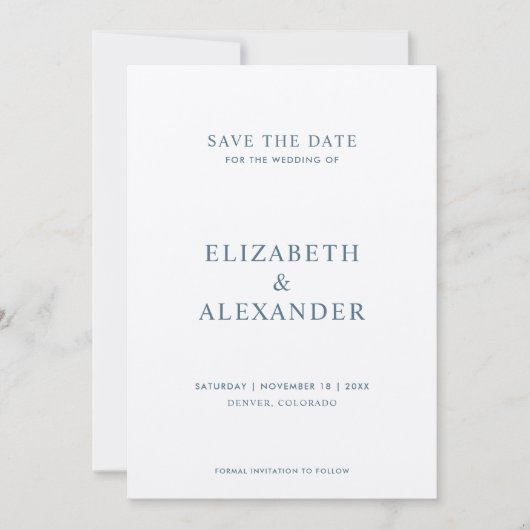Eenvoudige klassieke minimalistische stoffige blau save the date (Voorkant)