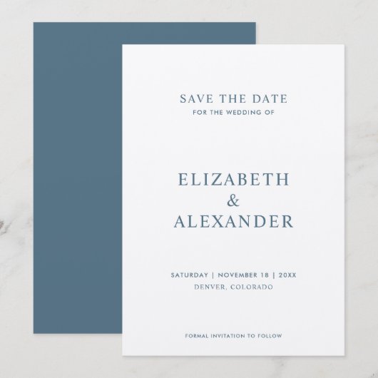 Eenvoudige klassieke minimalistische stoffige blau save the date (Voorkant / Achterkant)