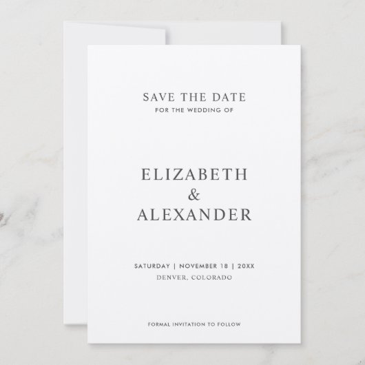 Eenvoudige klassieke minimalistische zwart-wit bru save the date (Voorkant)