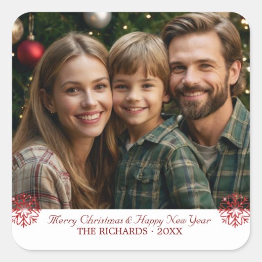 Eenvoudige Klassieke Rode Sneeuwvlokken één foto Vierkante Sticker (Voorkant)