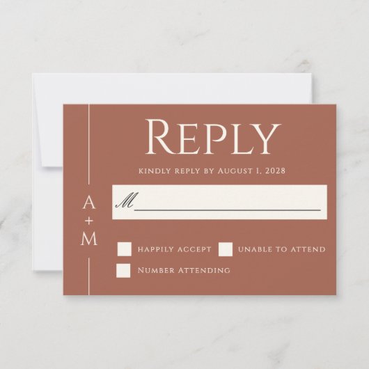 Eenvoudige klassieke terracotta elegante monogram  RSVP kaartje (Voorkant)