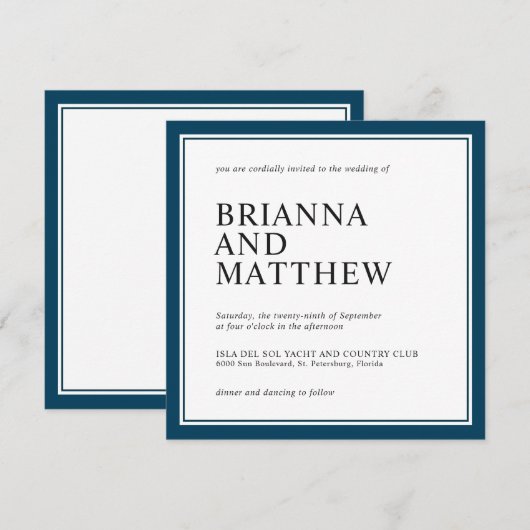 Eenvoudige klassieke vierkant marine en witte brui kaart (Voorkant / Achterkant)