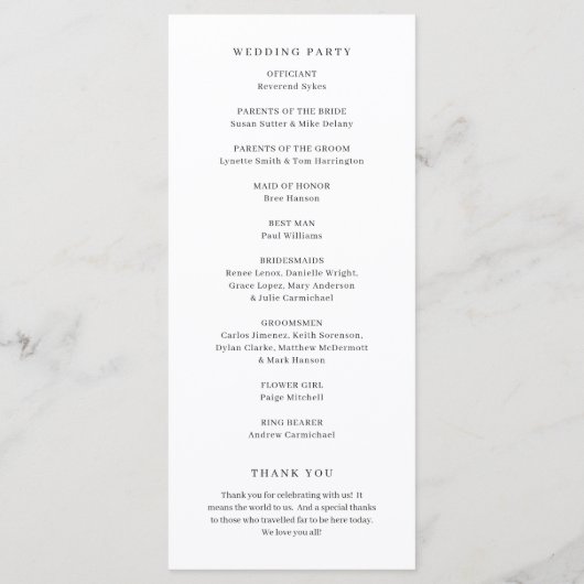 Eenvoudige klassieke vorm van legante bruiloft programmakaart (Achterkant)