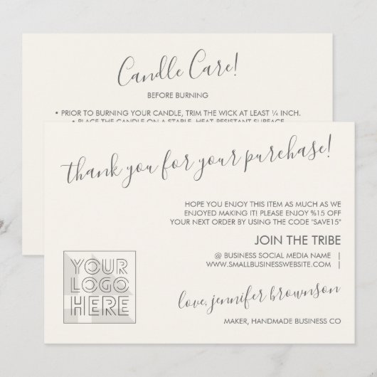 Eenvoudige klassieke zorginstructies bedankkaart (Voorkant / Achterkant)