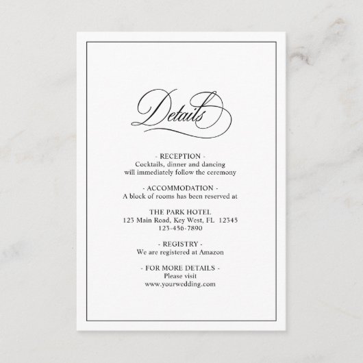 Eenvoudige klassieke zwart-wit bruiloft details informatiekaartje (Voorkant)