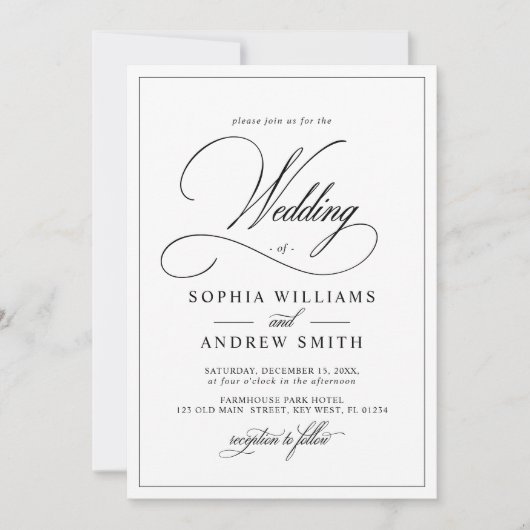 Eenvoudige klassieke zwart-wit bruiloft kaart (Voorkant)